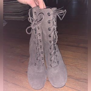 Grey lace up heeled boots